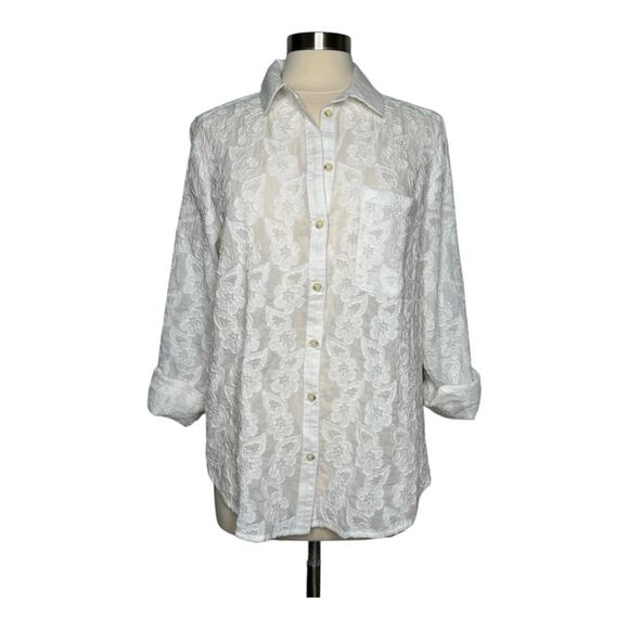 Maeve Anthropologie White Floral Embroidered Button Down Blouse Size 16 - Picture 1 of 13